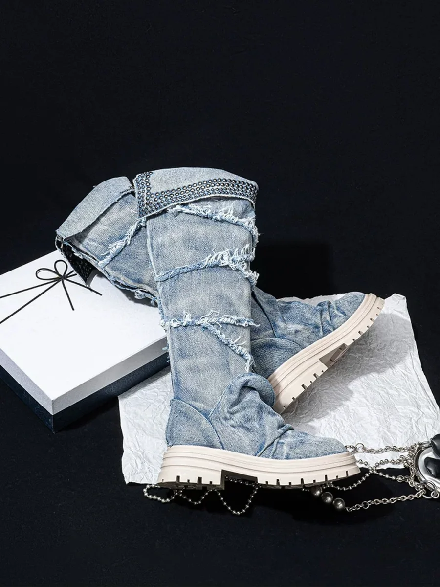 SISTER CURIE | Studded Denim Slouchy Platform Block Heel Boots - 2