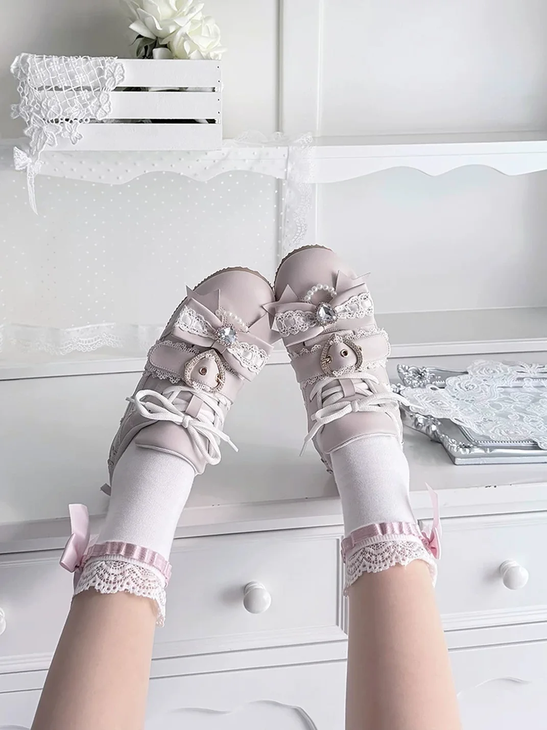 Transfer Student | Lace-Up Rhinestone Bow Low-Heel Sneakers