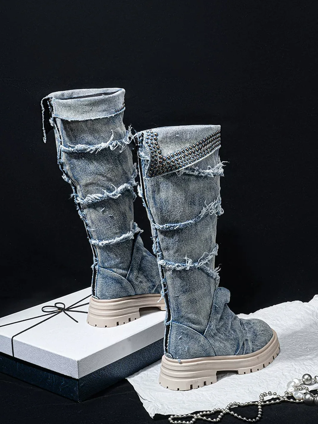 SISTER CURIE | Studded Denim Slouchy Platform Block Heel Boots