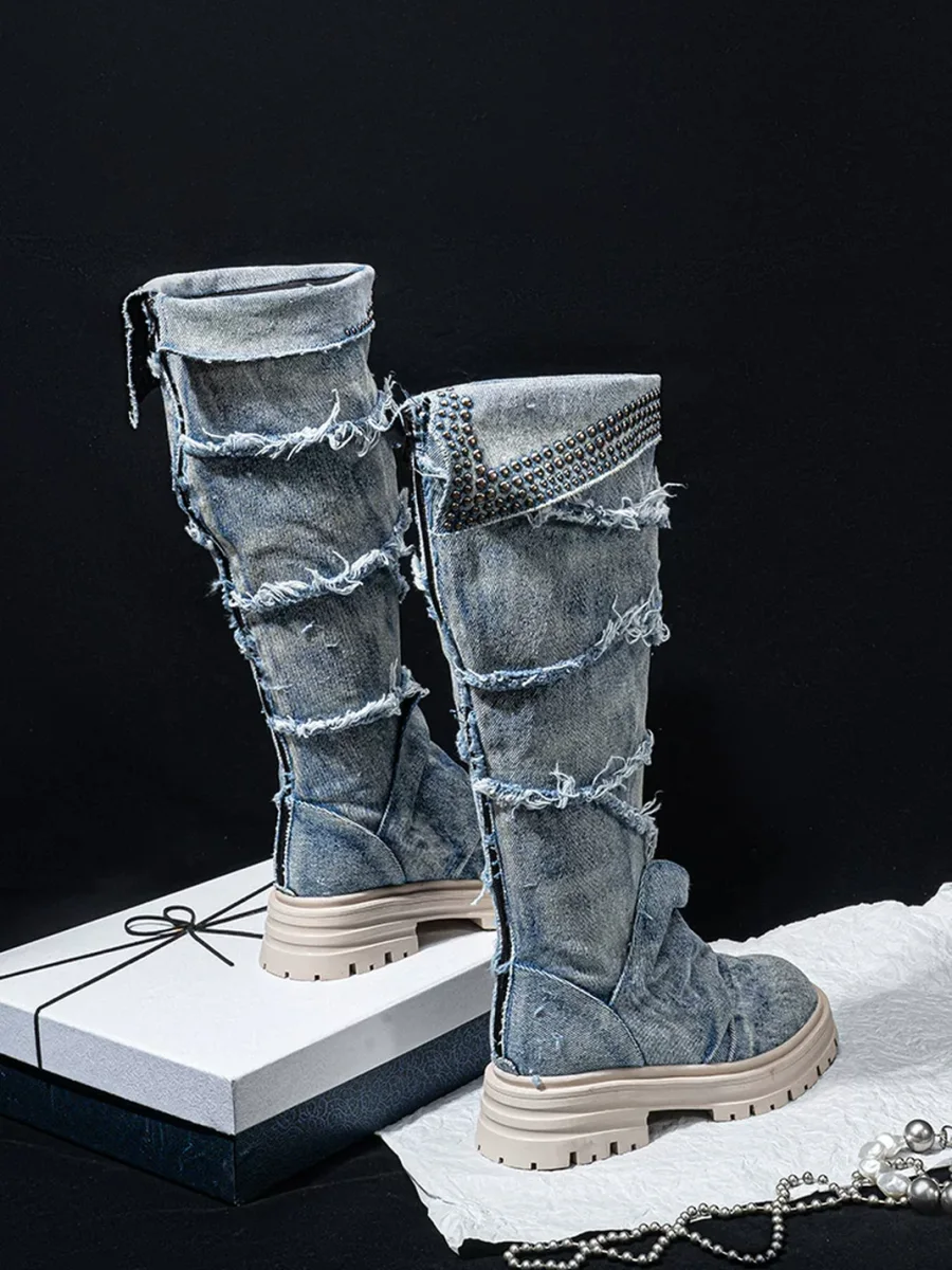 SISTER CURIE | Studded Denim Slouchy Platform Block Heel Boots - 4