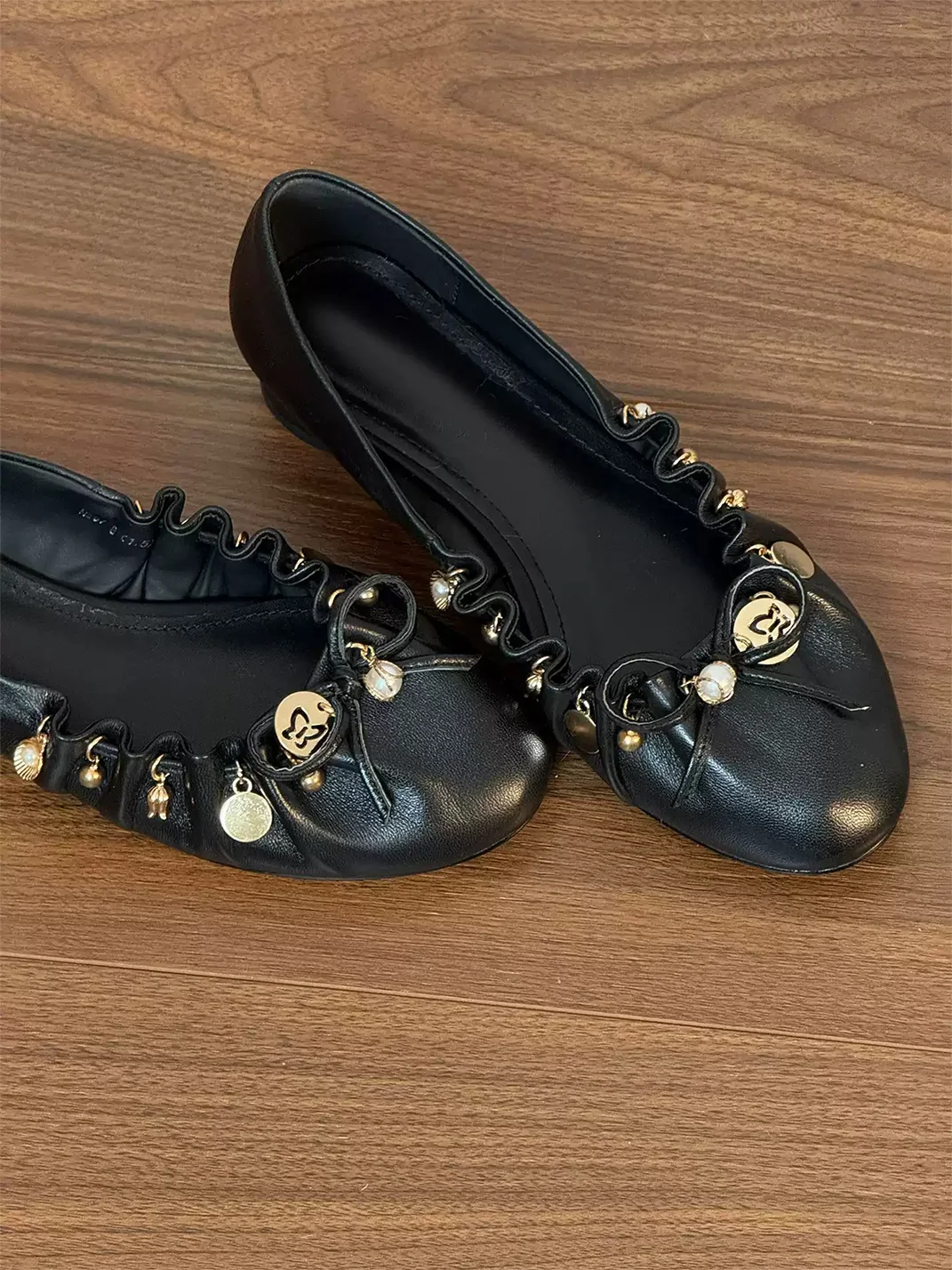HoneyRain | Ruffled Metal Charm Slip-On Ballet Flats