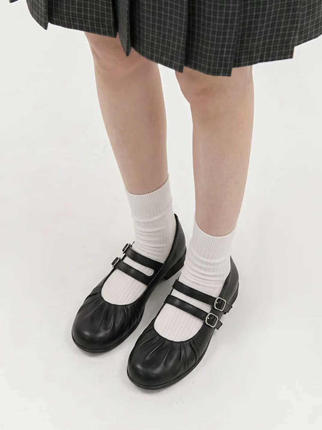 Mule Donkey | Ruched Round-Toe Double-Strap Mary Jane Flats