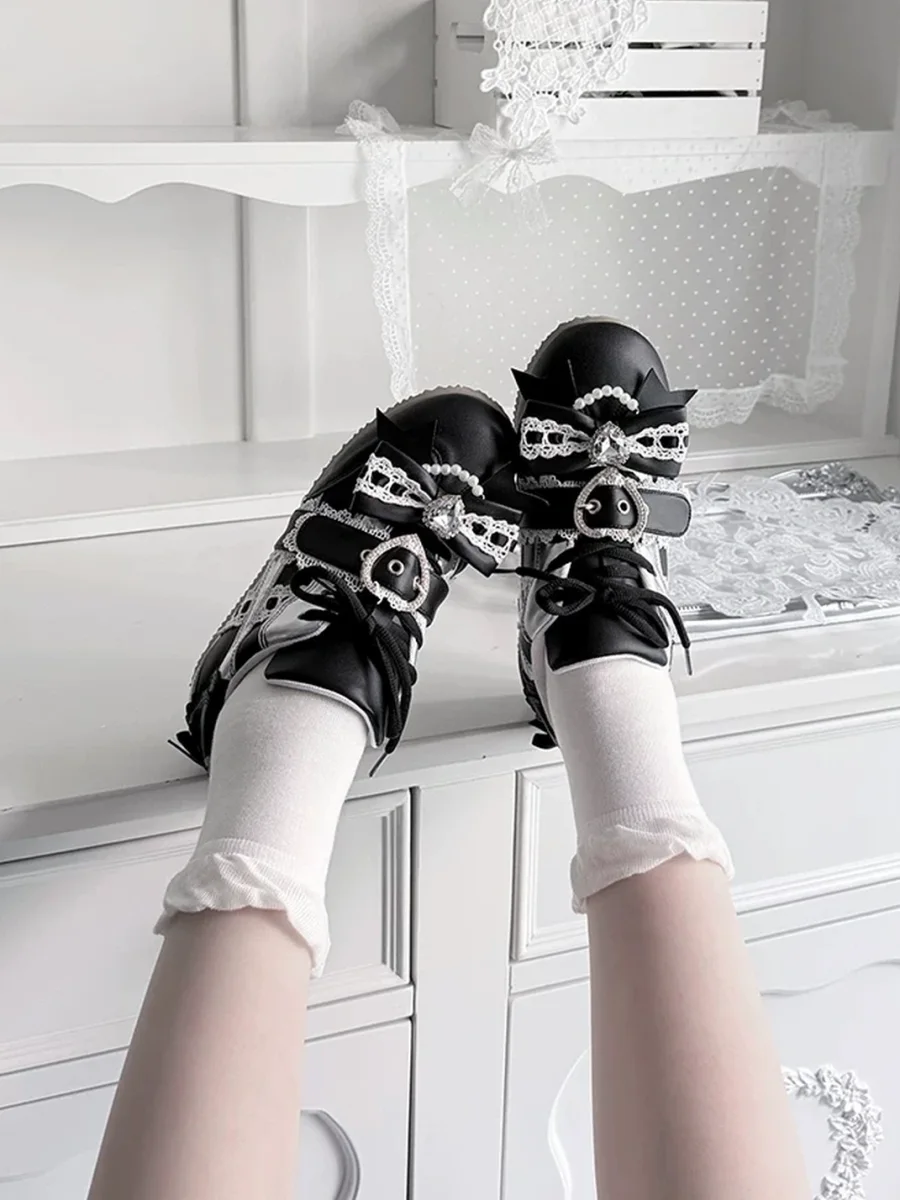 Transfer Student | Lace-Up Rhinestone Bow Low-Heel Sneakers - 2