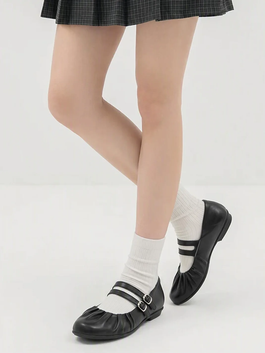 Mule Donkey | Ruched Round-Toe Double-Strap Mary Jane Flats