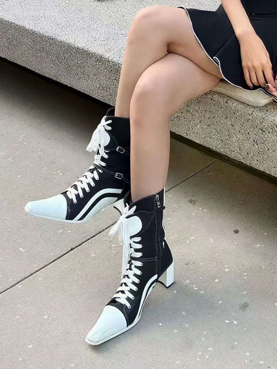 Angel | Square Toe Lace-Up Mid-Calf Boots - 2