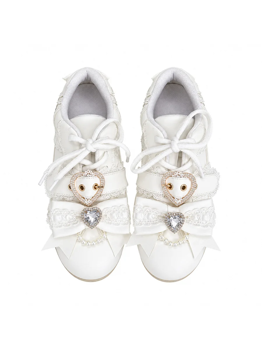 Transfer Student | Lace-Up Rhinestone Bow Low-Heel Sneakers - 4