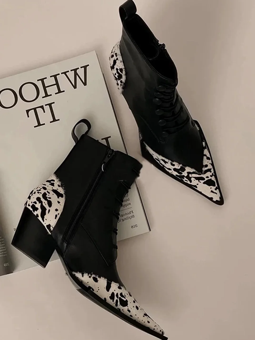 Angel | Pointed Toe Colorblock Side Zip Ankle Boots