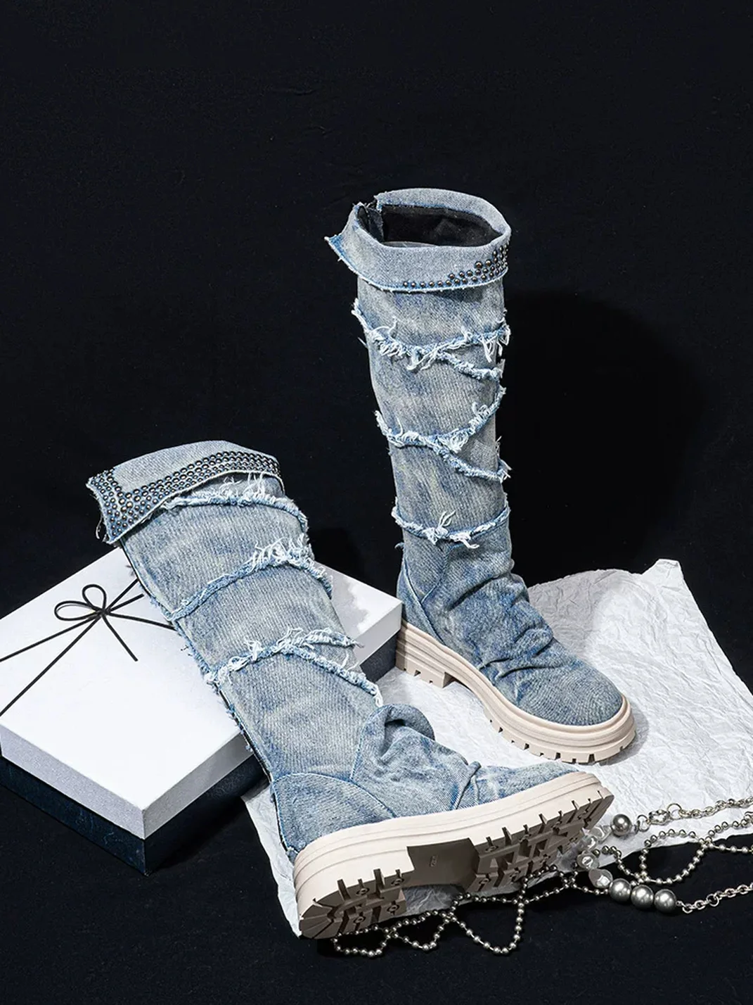 SISTER CURIE | Studded Denim Slouchy Platform Block Heel Boots