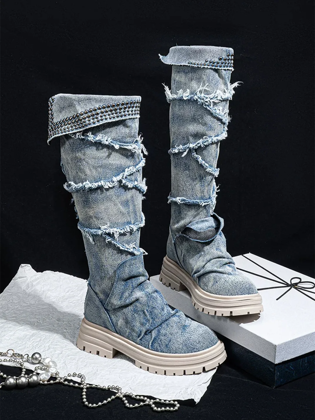 SISTER CURIE | Studded Denim Slouchy Platform Block Heel Boots