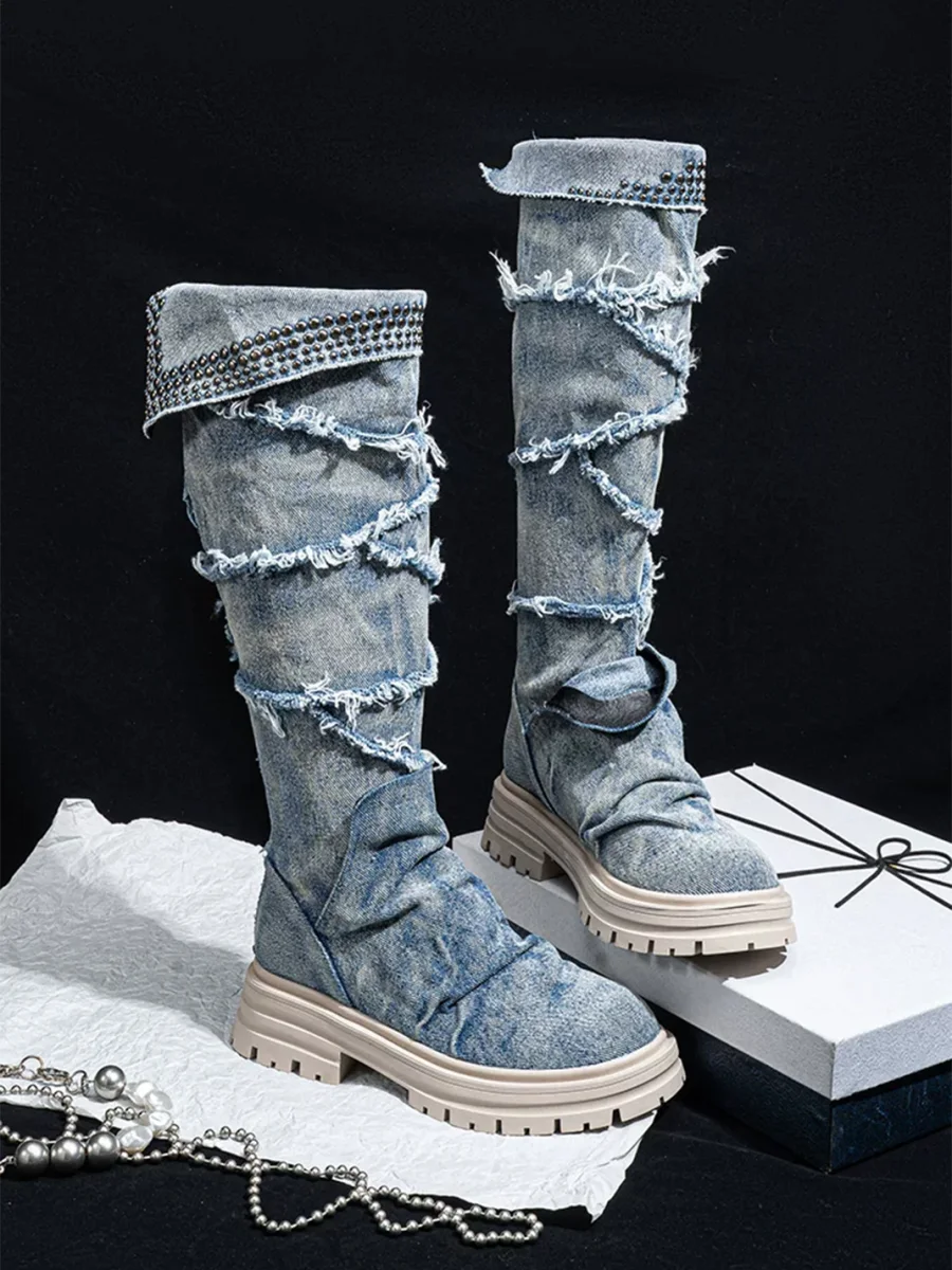 SISTER CURIE | Studded Denim Slouchy Platform Block Heel Boots - 3
