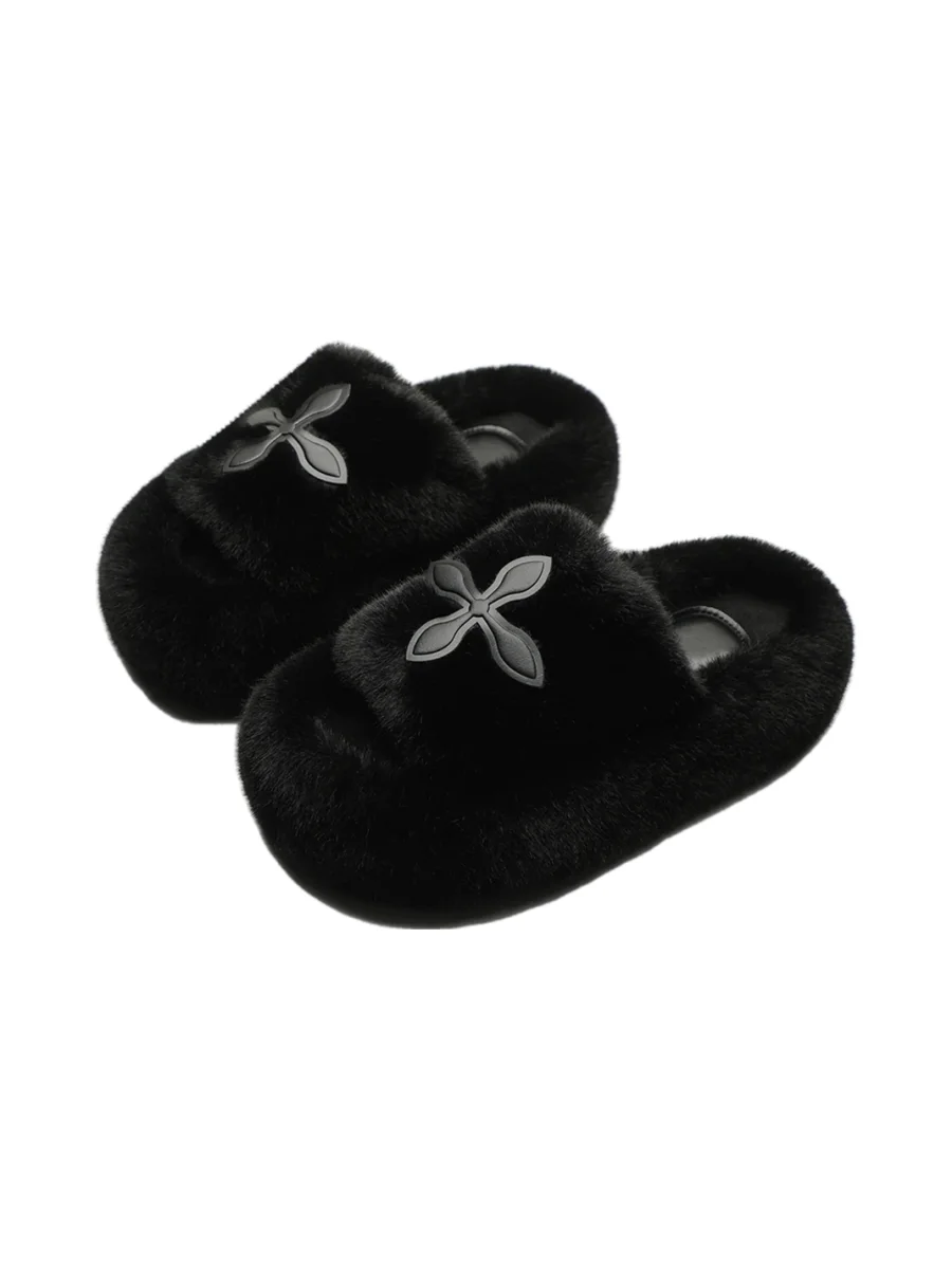 MMLQJD | Black Fuzzy Platform Slide Slippers - 3