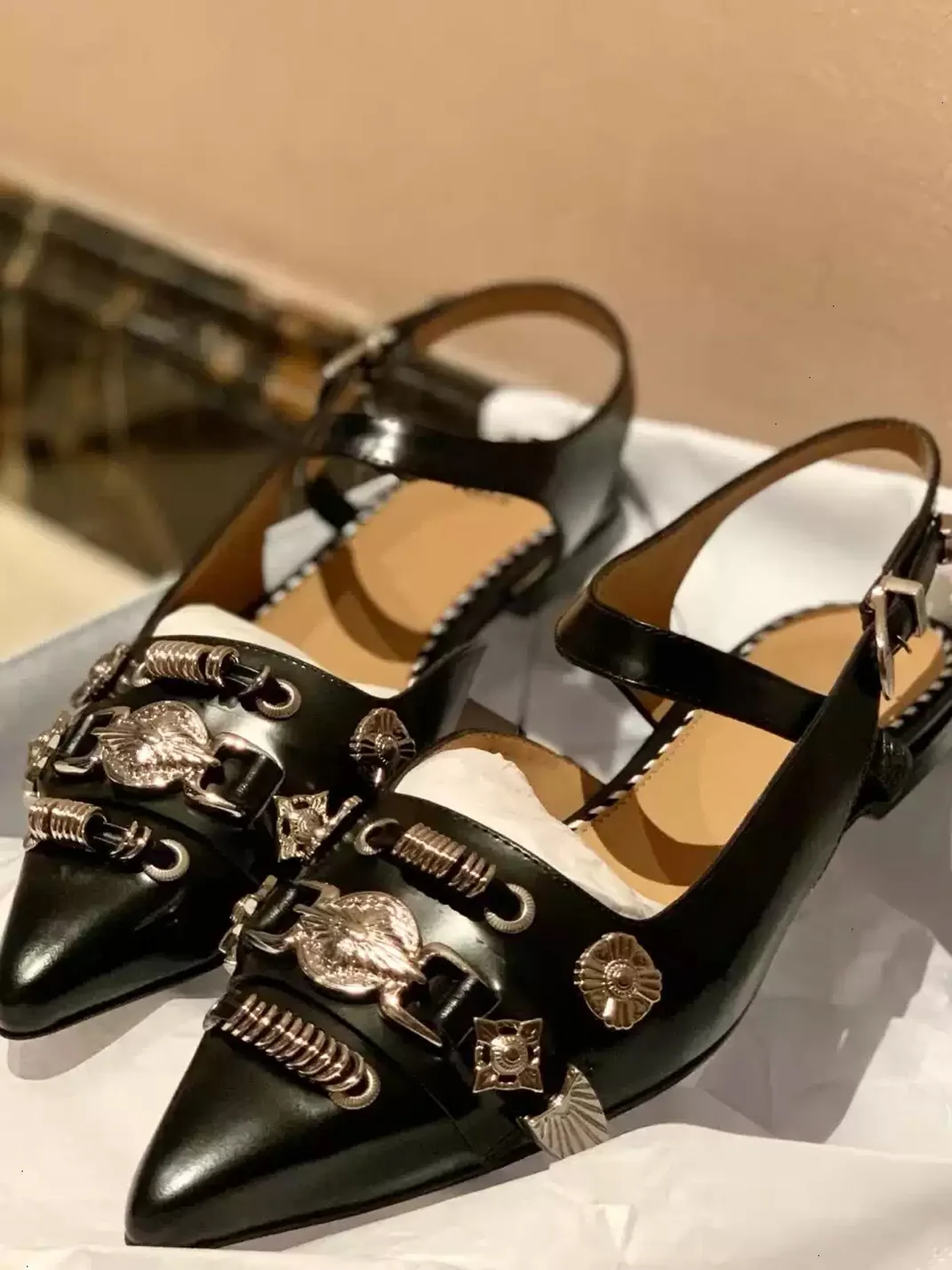 Angel | Pointed-Toe Metal-Embellished Buckle Strap Sandals