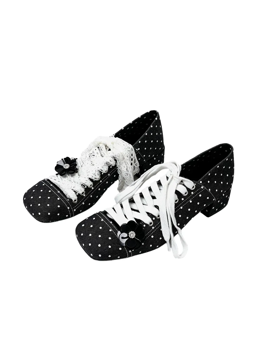 PINJIAHUI | Polka Dot Lace-Up Square-Toe Low-Heel Mary Janes