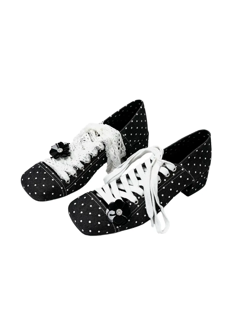PINJIAHUI | Polka Dot Lace-Up Square-Toe Low-Heel Mary Janes - 3
