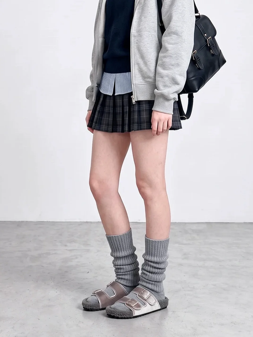 LMDD | Gray Double Buckle Plush Slip-On Slippers