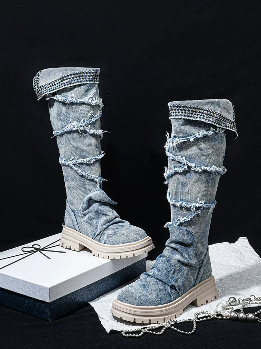 SISTER CURIE | Studded Denim Slouchy Platform Block Heel Boots