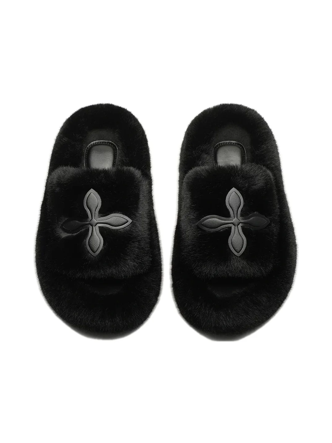 MMLQJD | Black Fuzzy Platform Slide Slippers