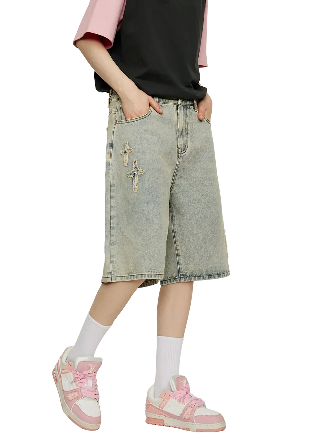 CLEARANCE丨Patchwork Cross Star Embroidered Denim Shorts