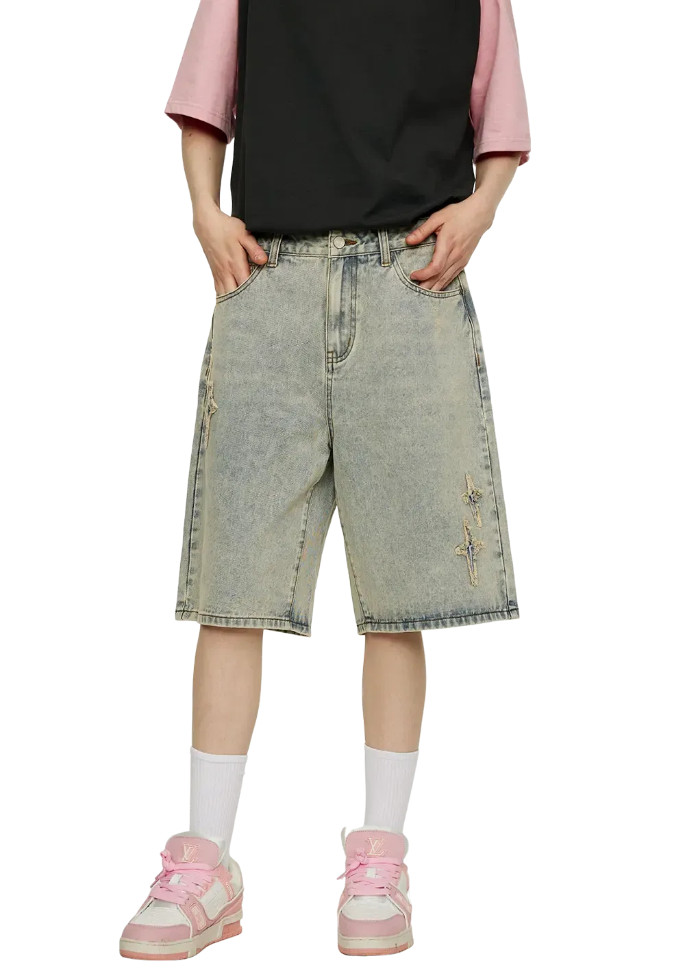 CLEARANCE丨Patchwork Cross Star Embroidered Denim Shorts