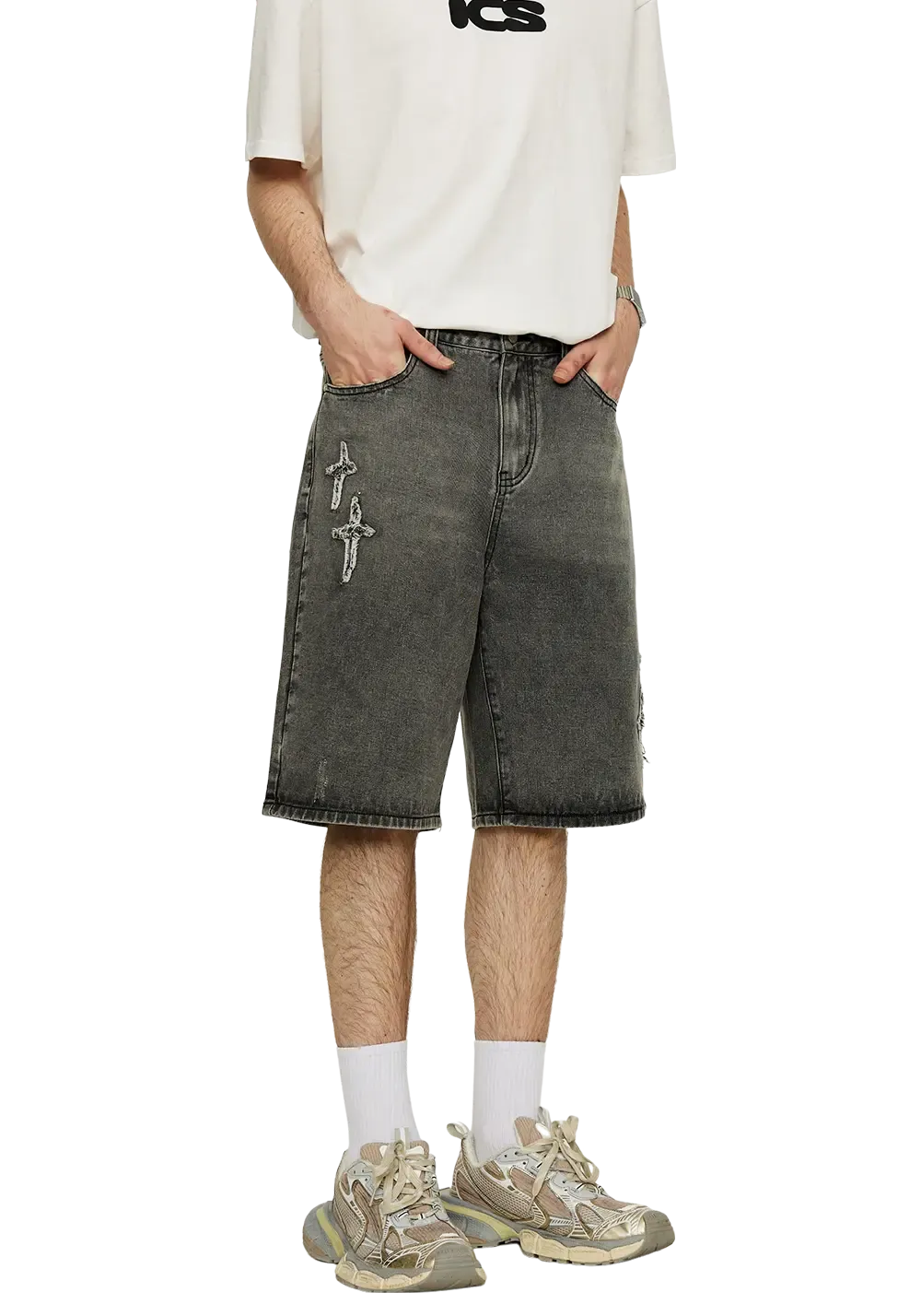 CLEARANCE丨Patchwork Cross Star Embroidered Denim Shorts
