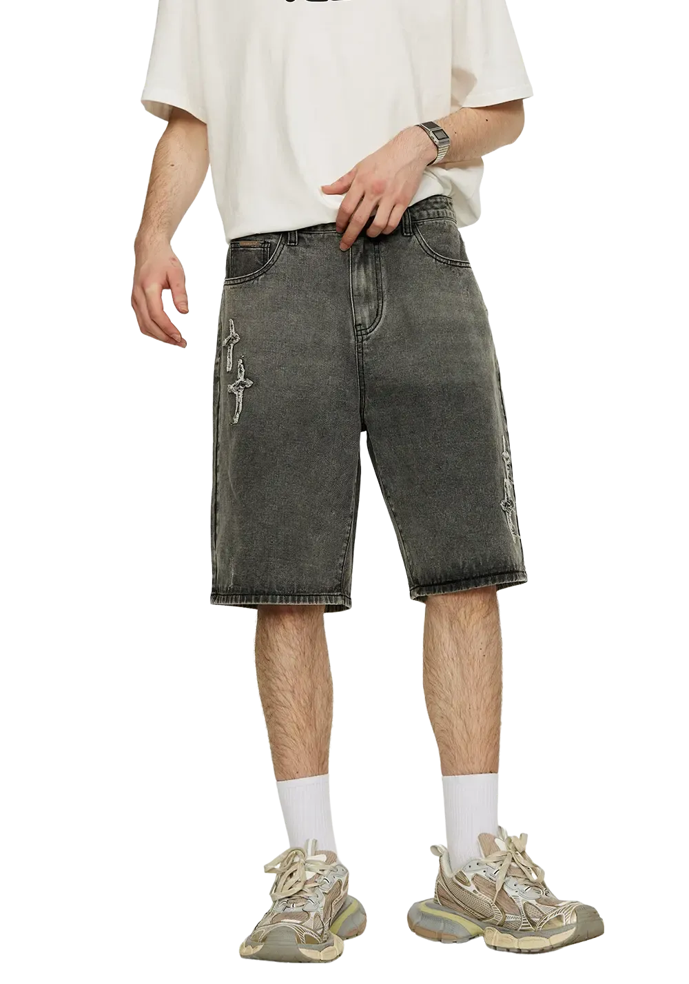 CLEARANCE丨Patchwork Cross Star Embroidered Denim Shorts