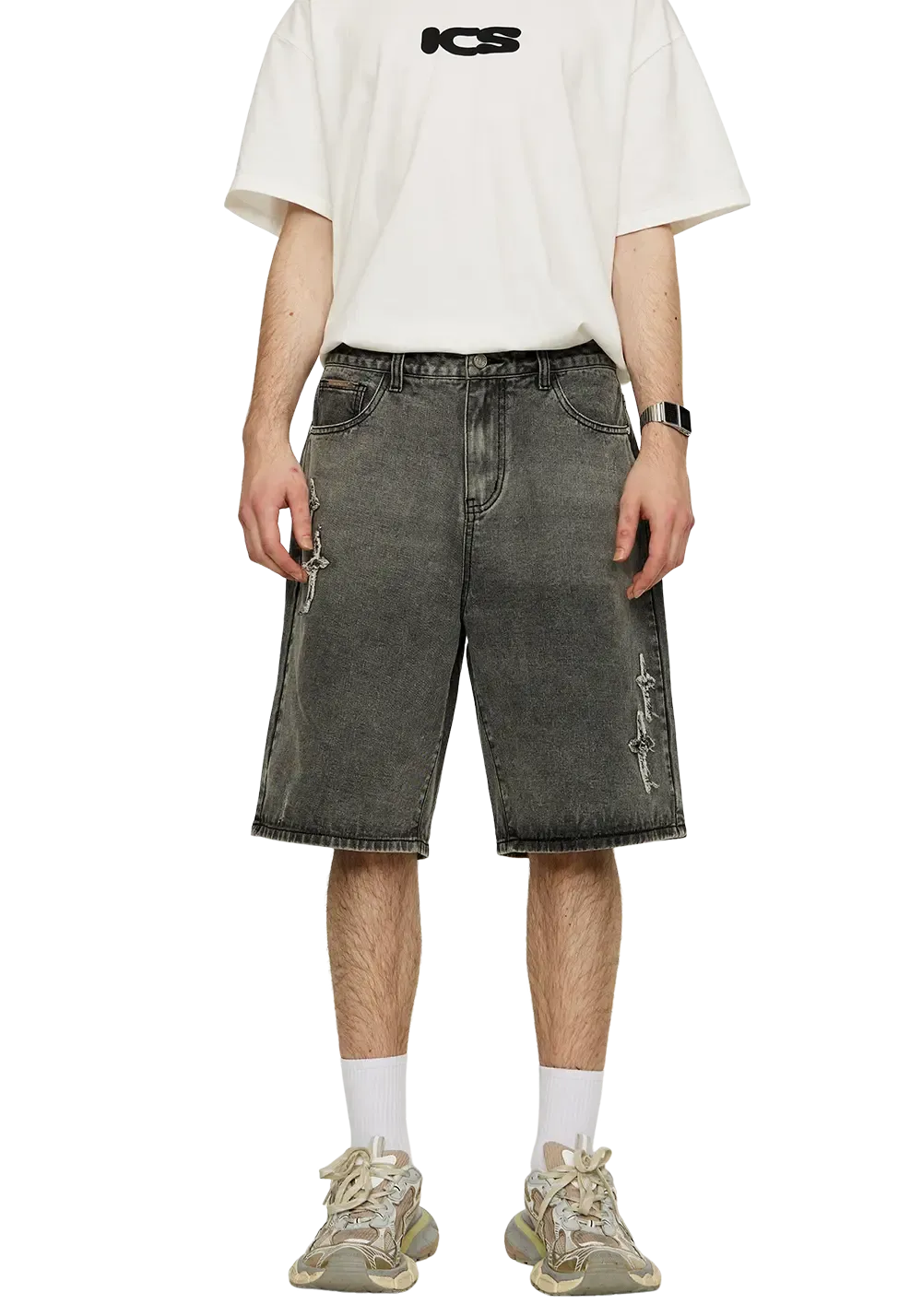 CLEARANCE丨Patchwork Cross Star Embroidered Denim Shorts