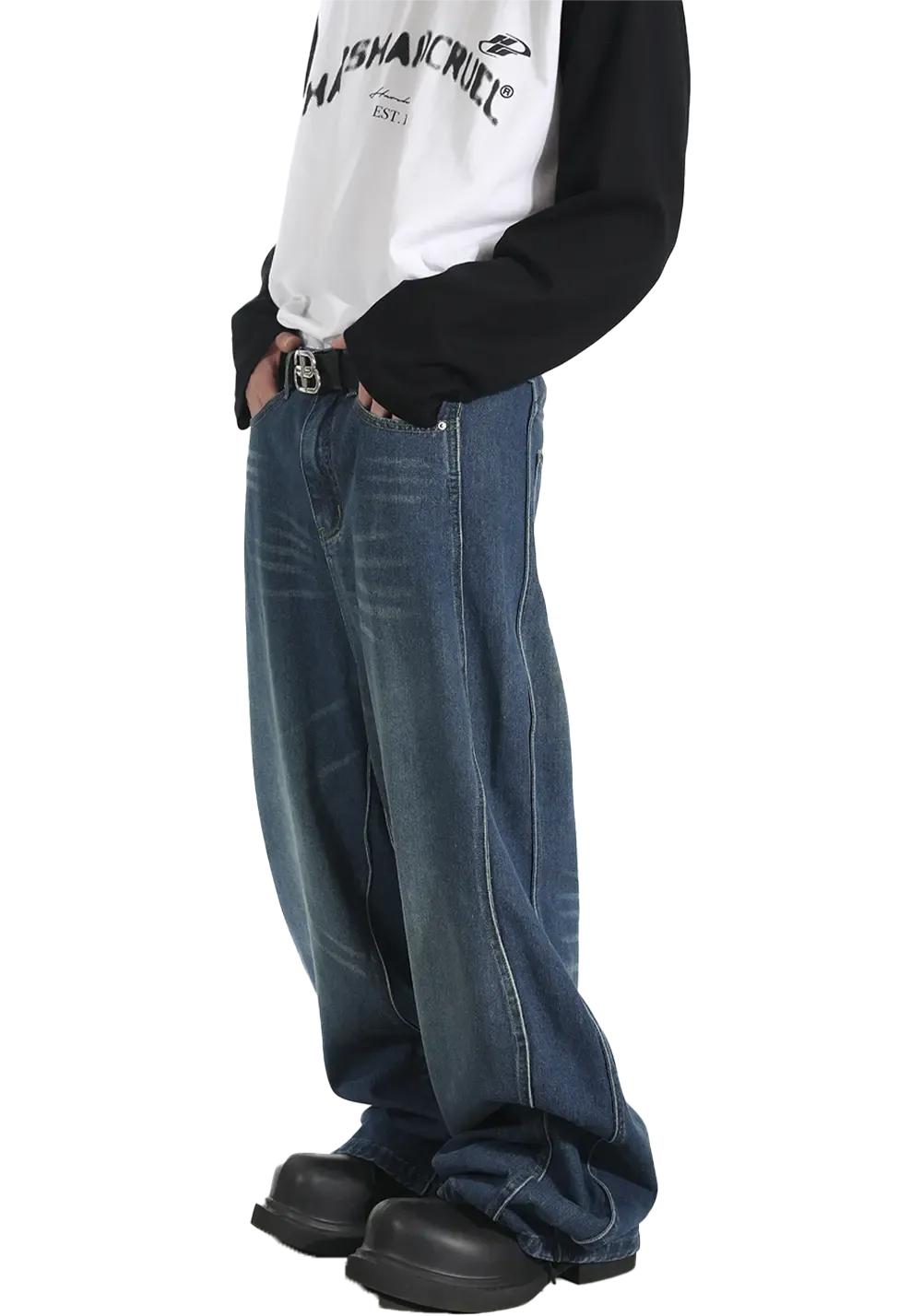 Three-Dimensional Twisted Wave Embroidered Washed Denim Trousers