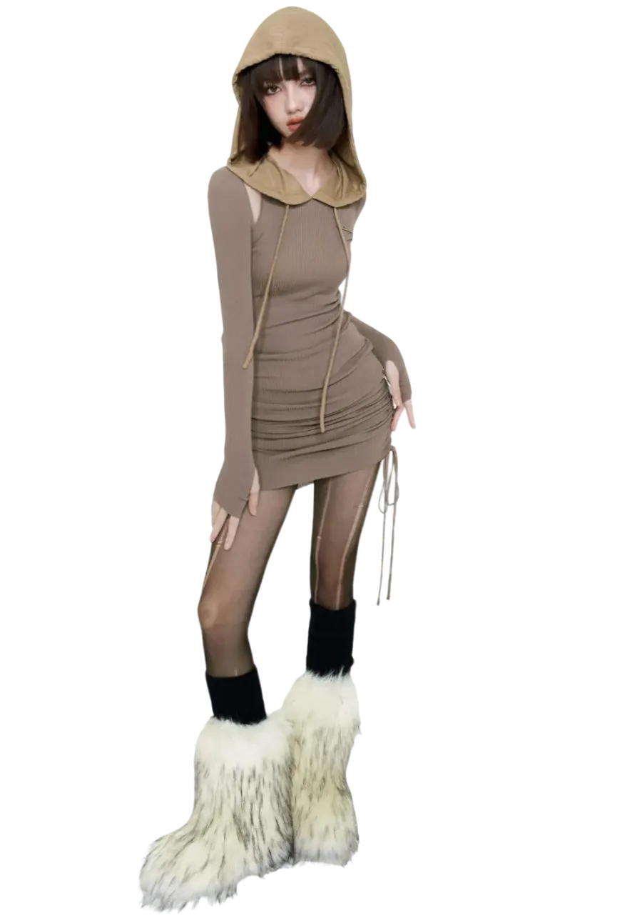 Slim Fit Hooded Off-Shoulder Long-Sleeve Dress - 3