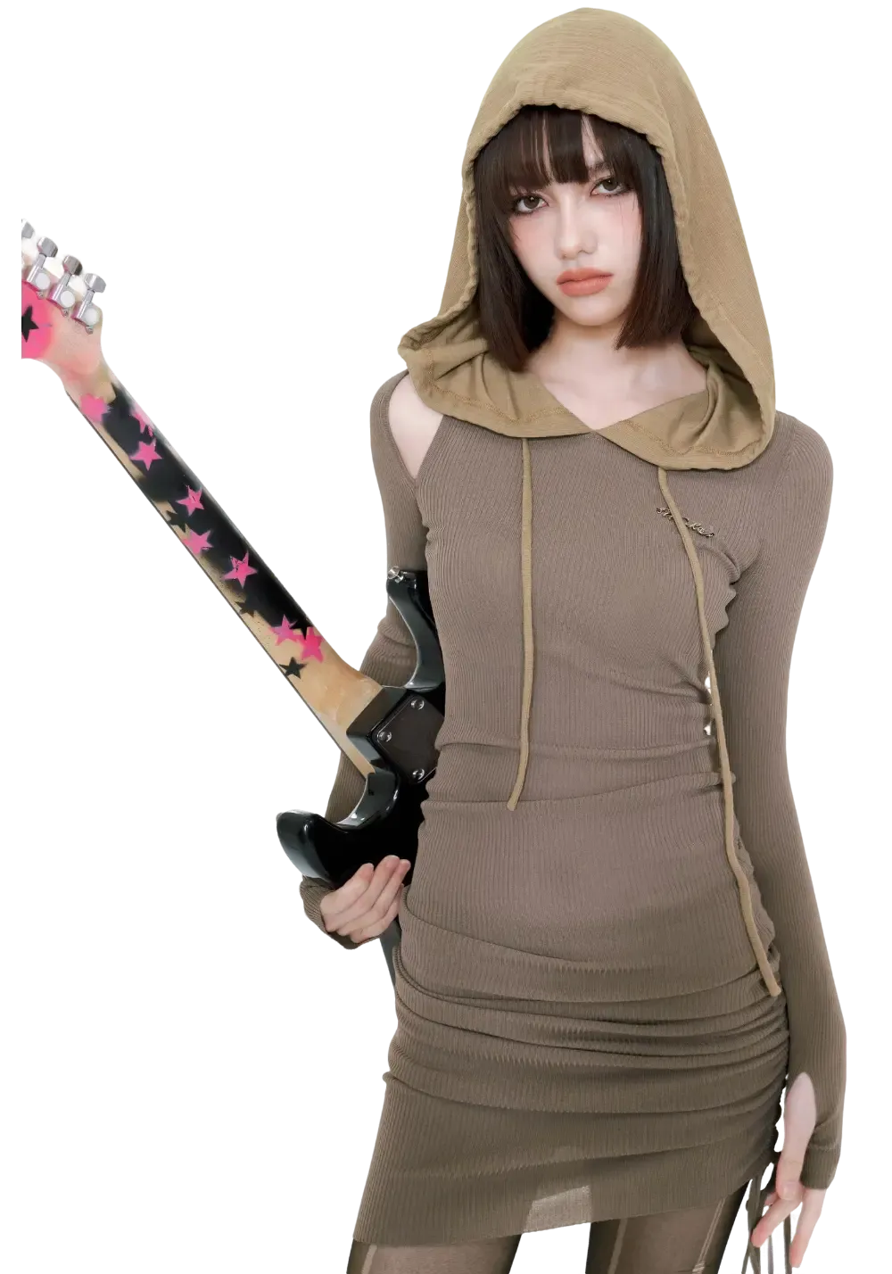 Slim Fit Hooded Off-Shoulder Long-Sleeve Dress