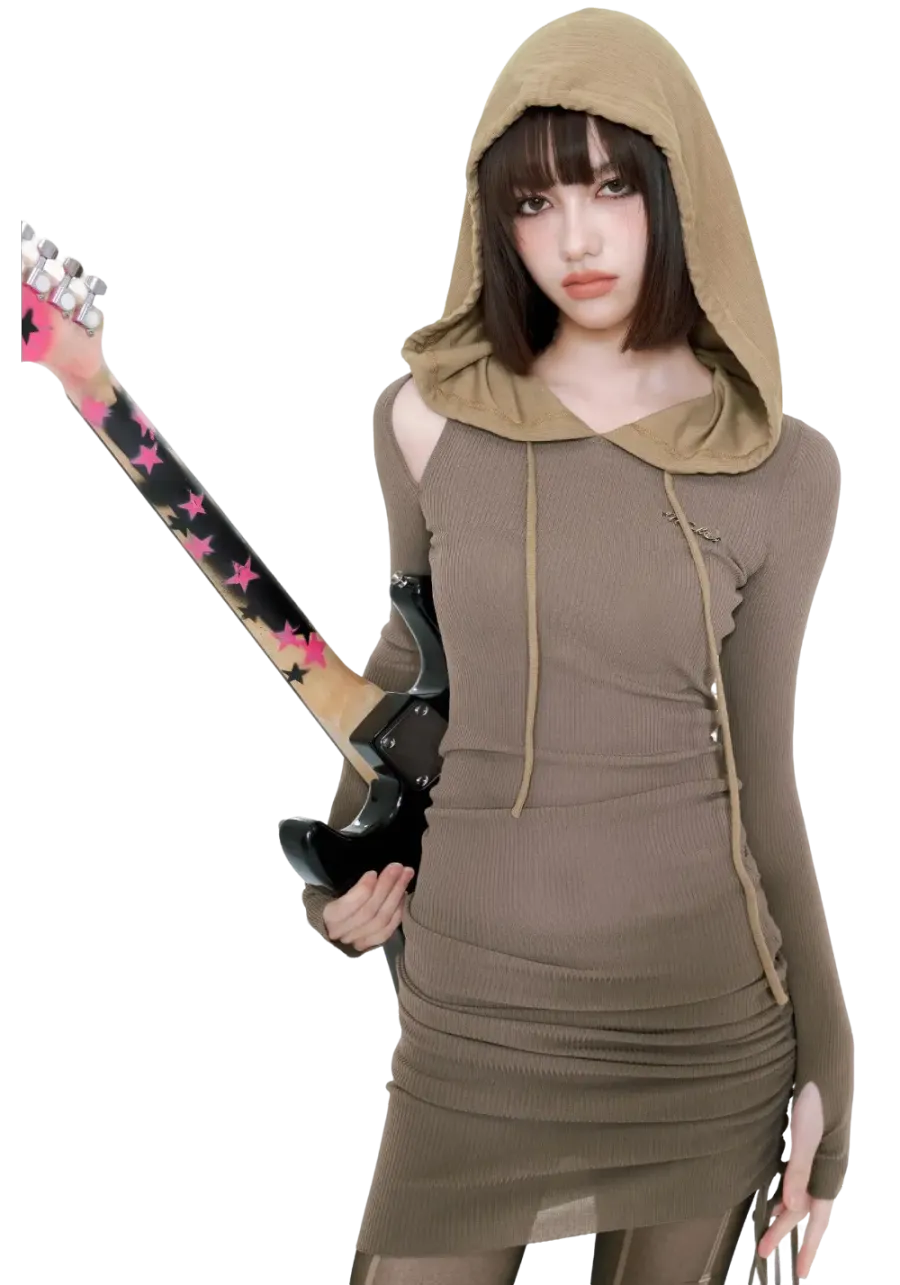 Slim Fit Hooded Off-Shoulder Long-Sleeve Dress - 2