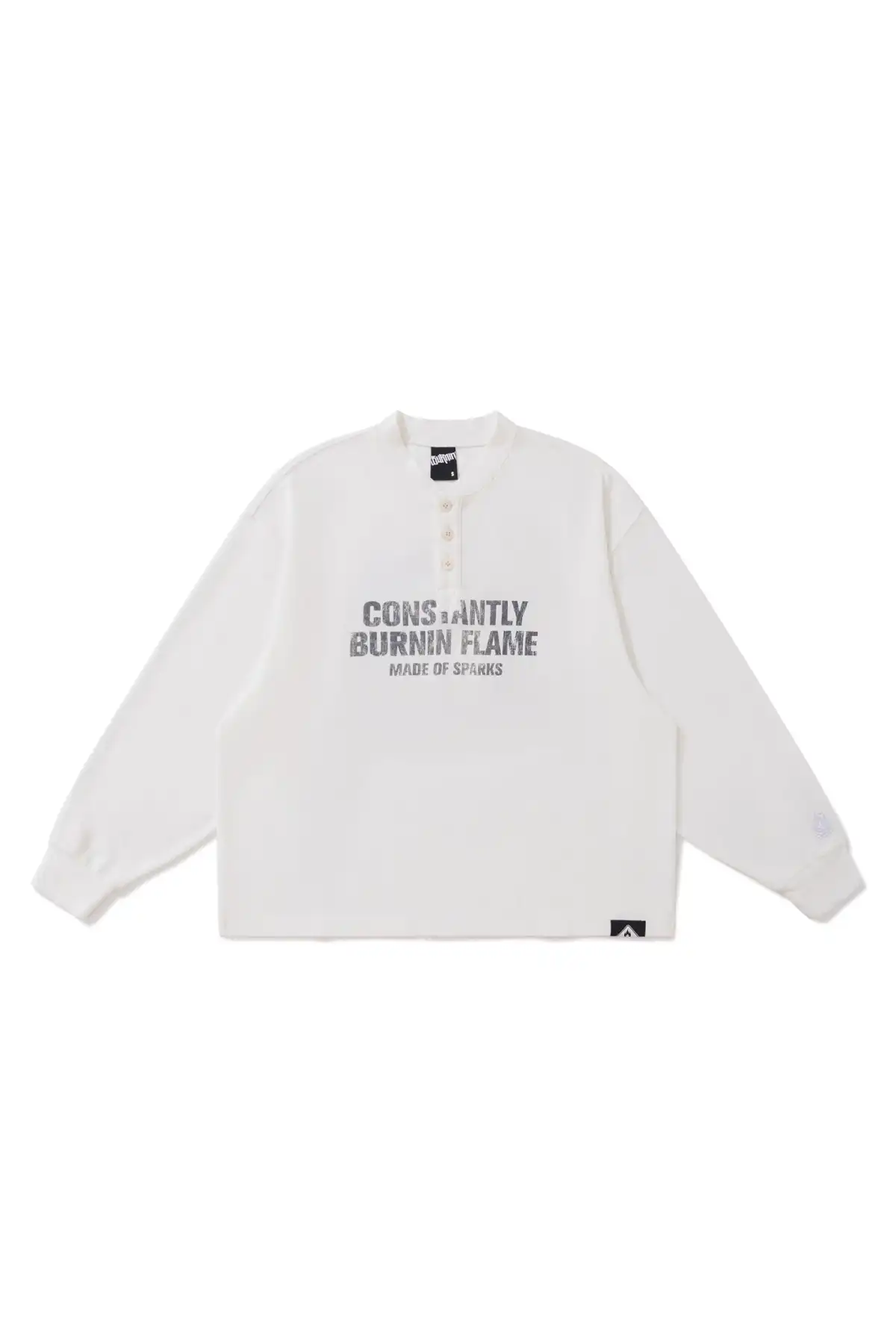 BURNIN*97'Series Worn Slogan Waffle Henley Collar Long Sleeve T-shirt