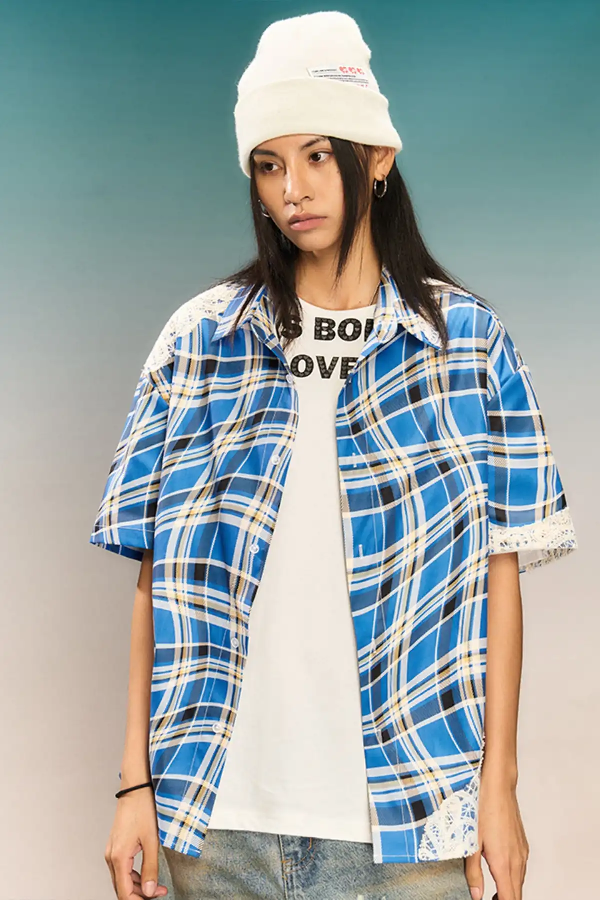 YADcrew | Plaid Lace Stitching Trendy Loose Short-Sleeved Shirt