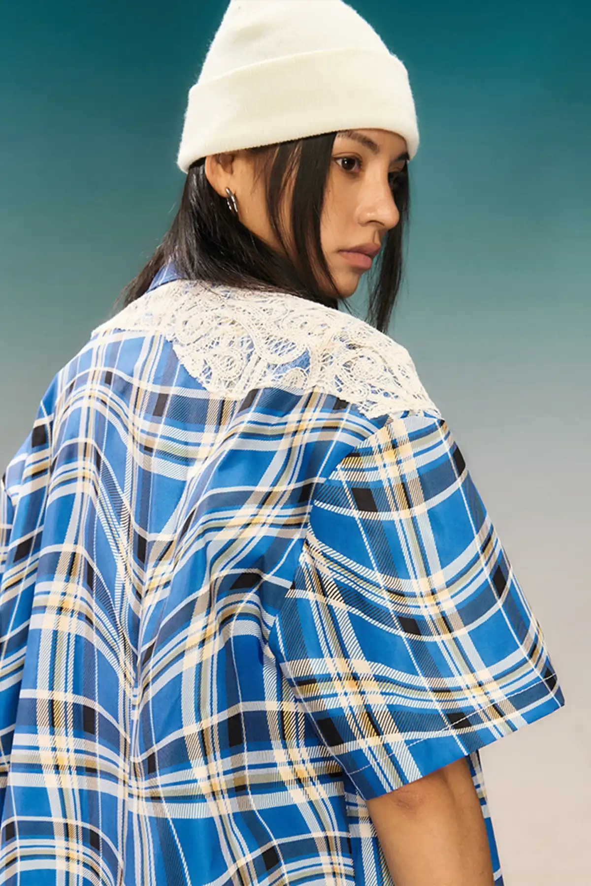 YADcrew | Plaid Lace Stitching Trendy Loose Short-Sleeved Shirt