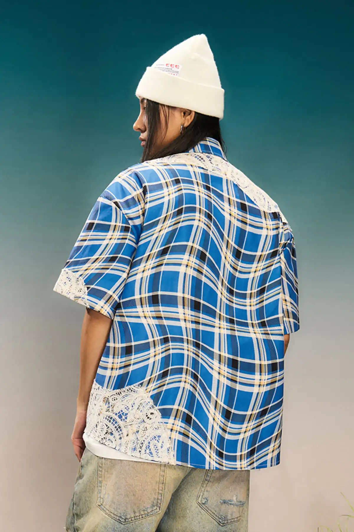 YADcrew | Plaid Lace Stitching Trendy Loose Short-Sleeved Shirt