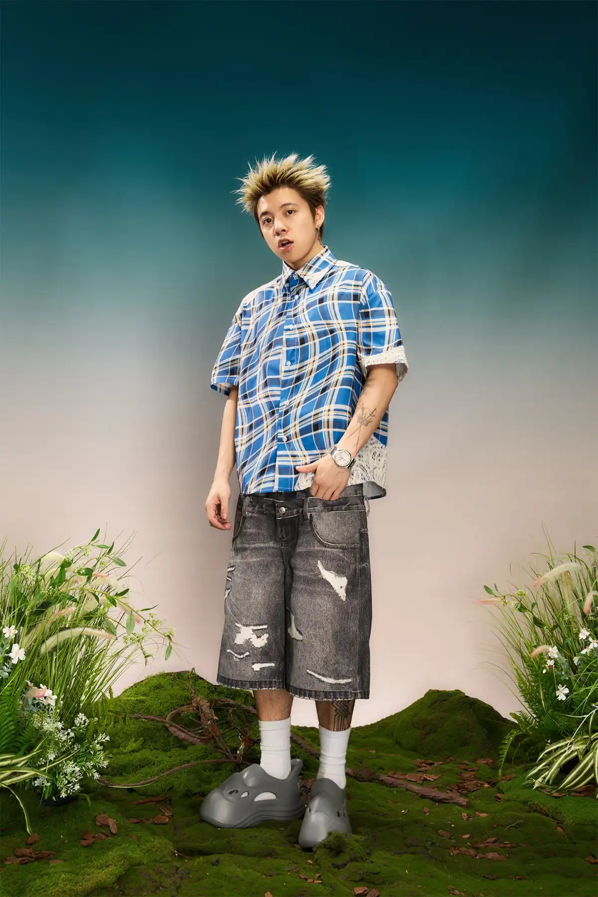 YADcrew | Plaid Lace Stitching Trendy Loose Short-Sleeved Shirt