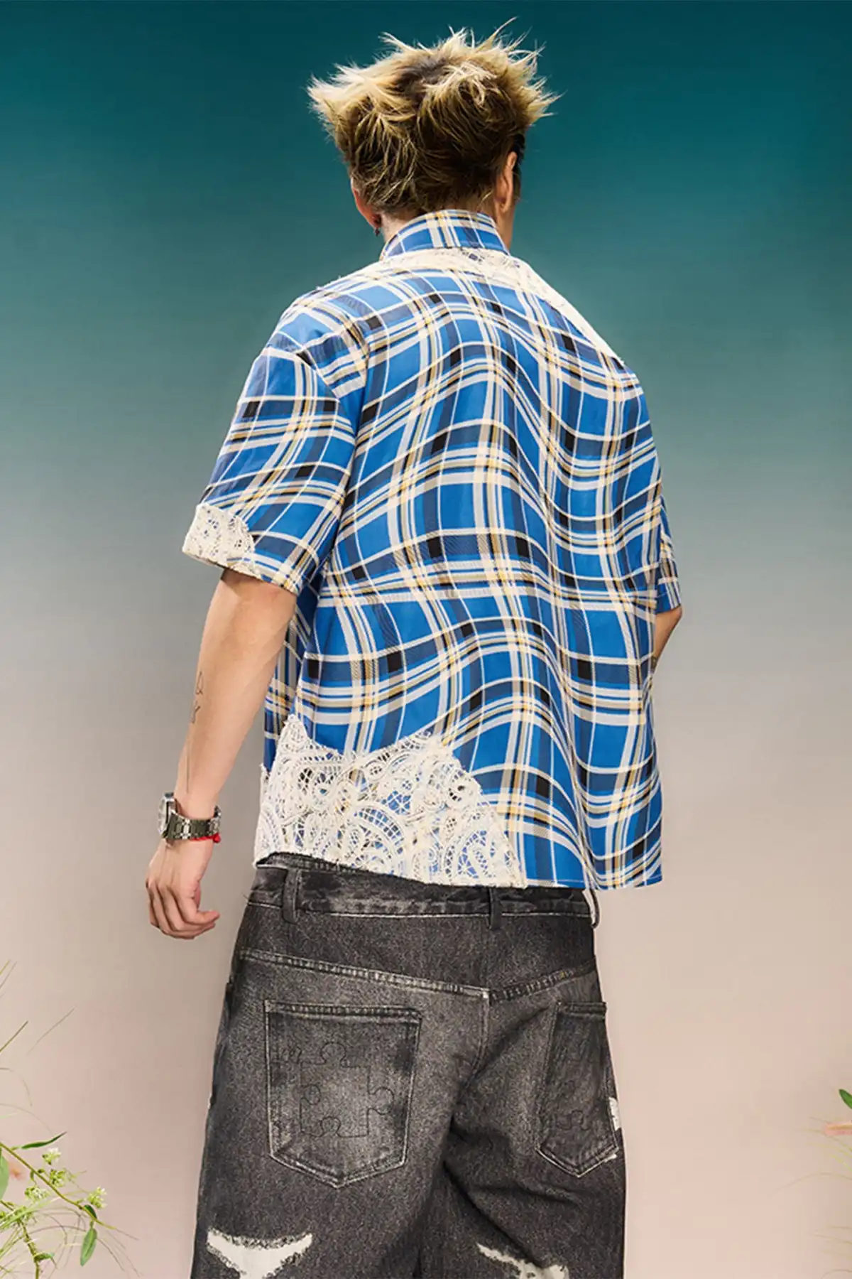 YADcrew | Plaid Lace Stitching Trendy Loose Short-Sleeved Shirt