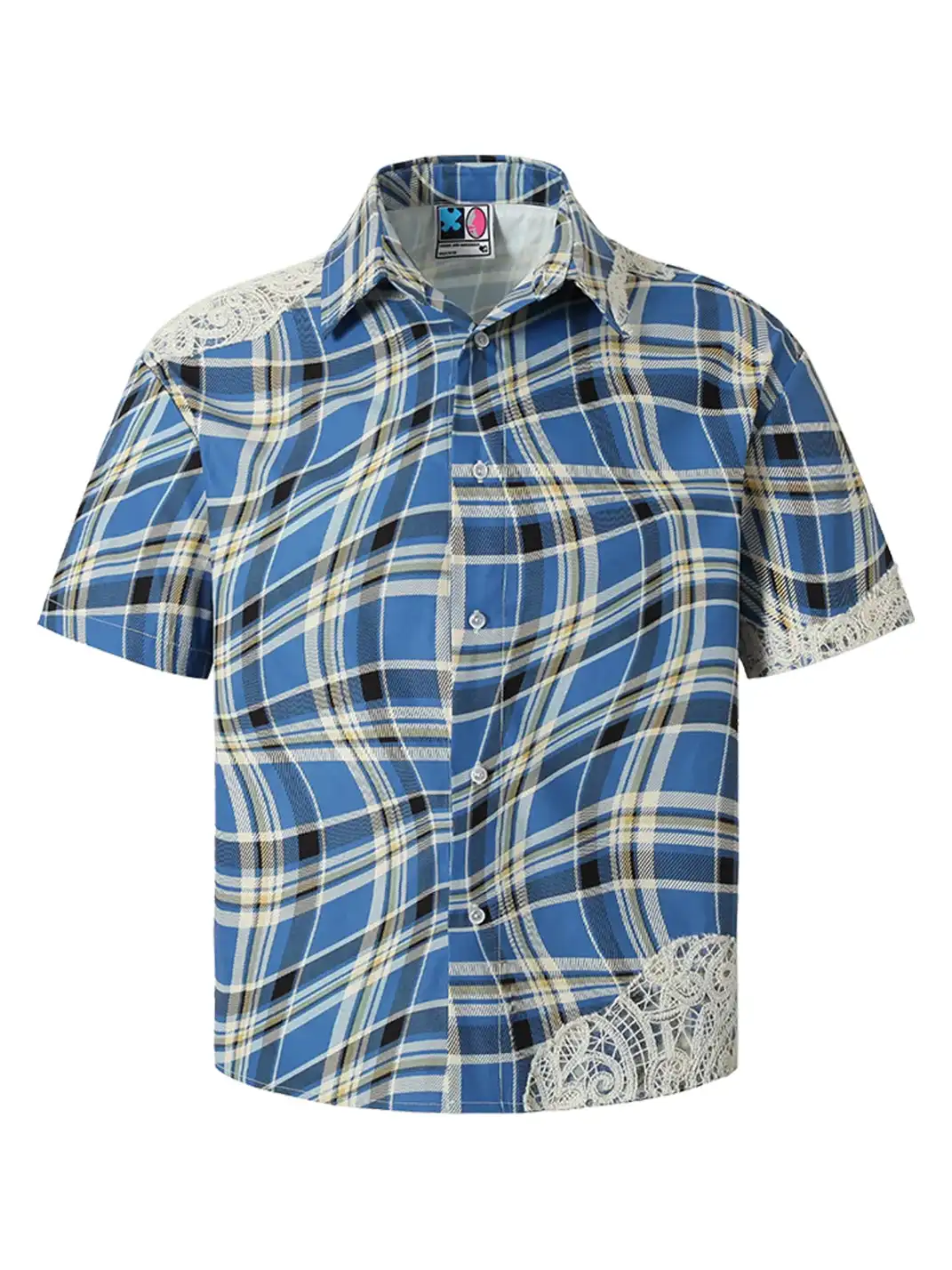 YADcrew | Plaid Lace Stitching Trendy Loose Short-Sleeved Shirt
