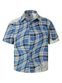 YADcrew | Plaid Lace Stitching Trendy Loose Short-Sleeved Shirt
