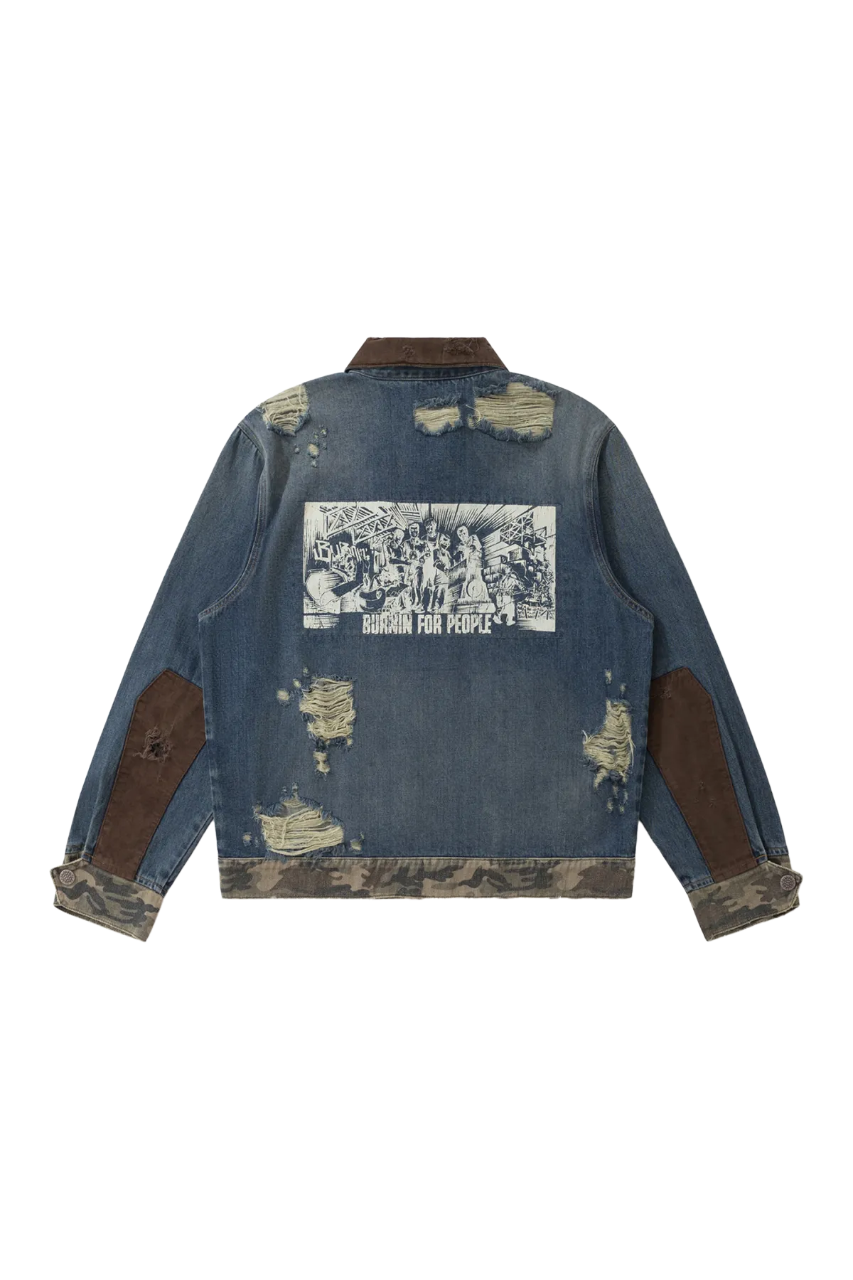 BURNIN* "Burnin for people" camouflage splicing damaged patch denim jacket