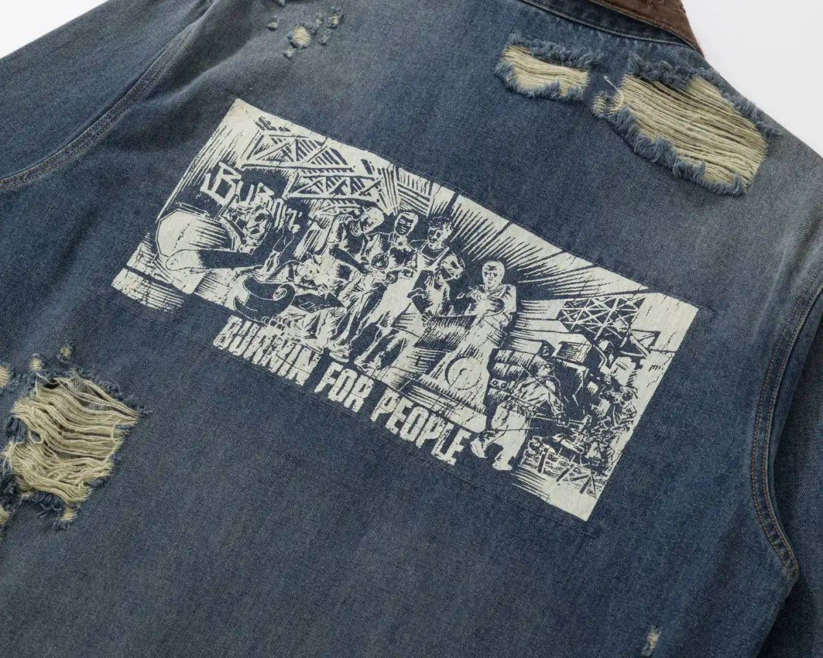 BURNIN* "Burnin for people" camouflage splicing damaged patch denim jacket
