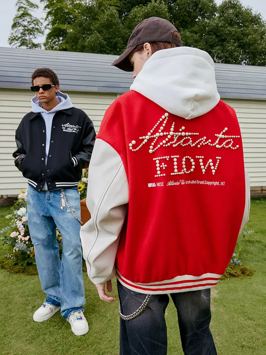 Pearl Embroidery Handwritten Text Lapel Baseball Jacket - 4