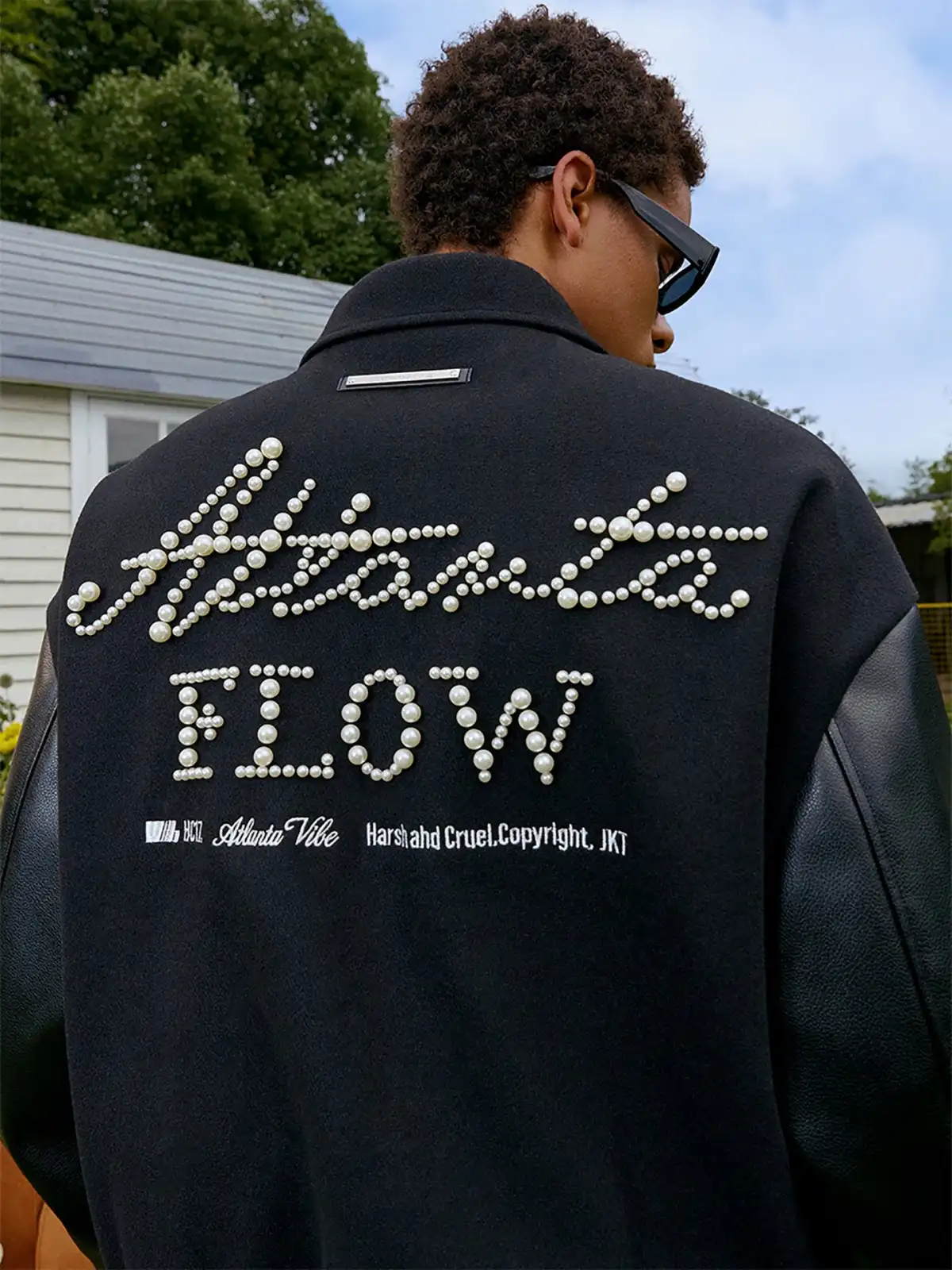 Pearl Embroidery Handwritten Text Lapel Baseball Jacket