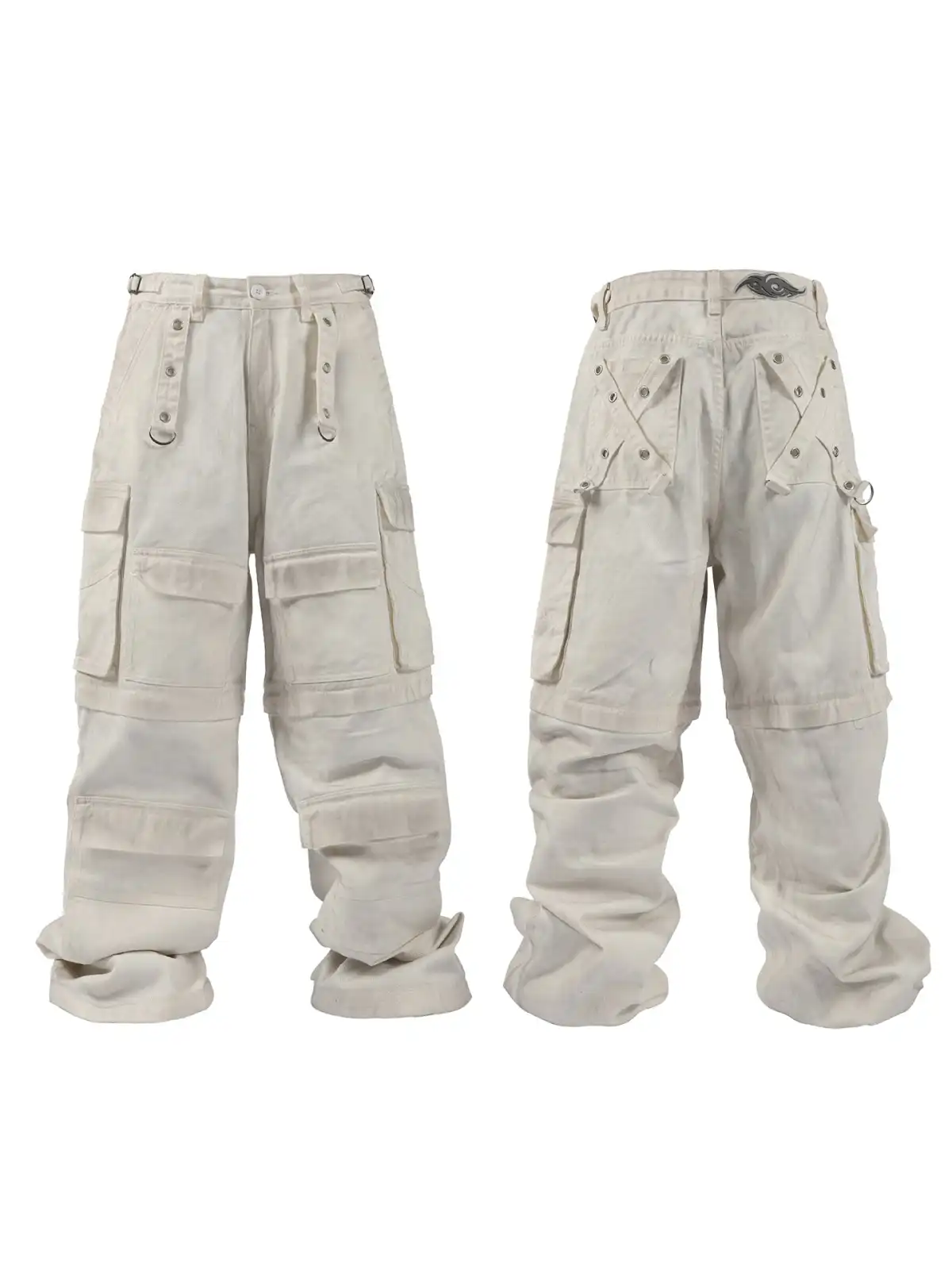 White Distressed Dirty Multi-pocket Detachable Jeans