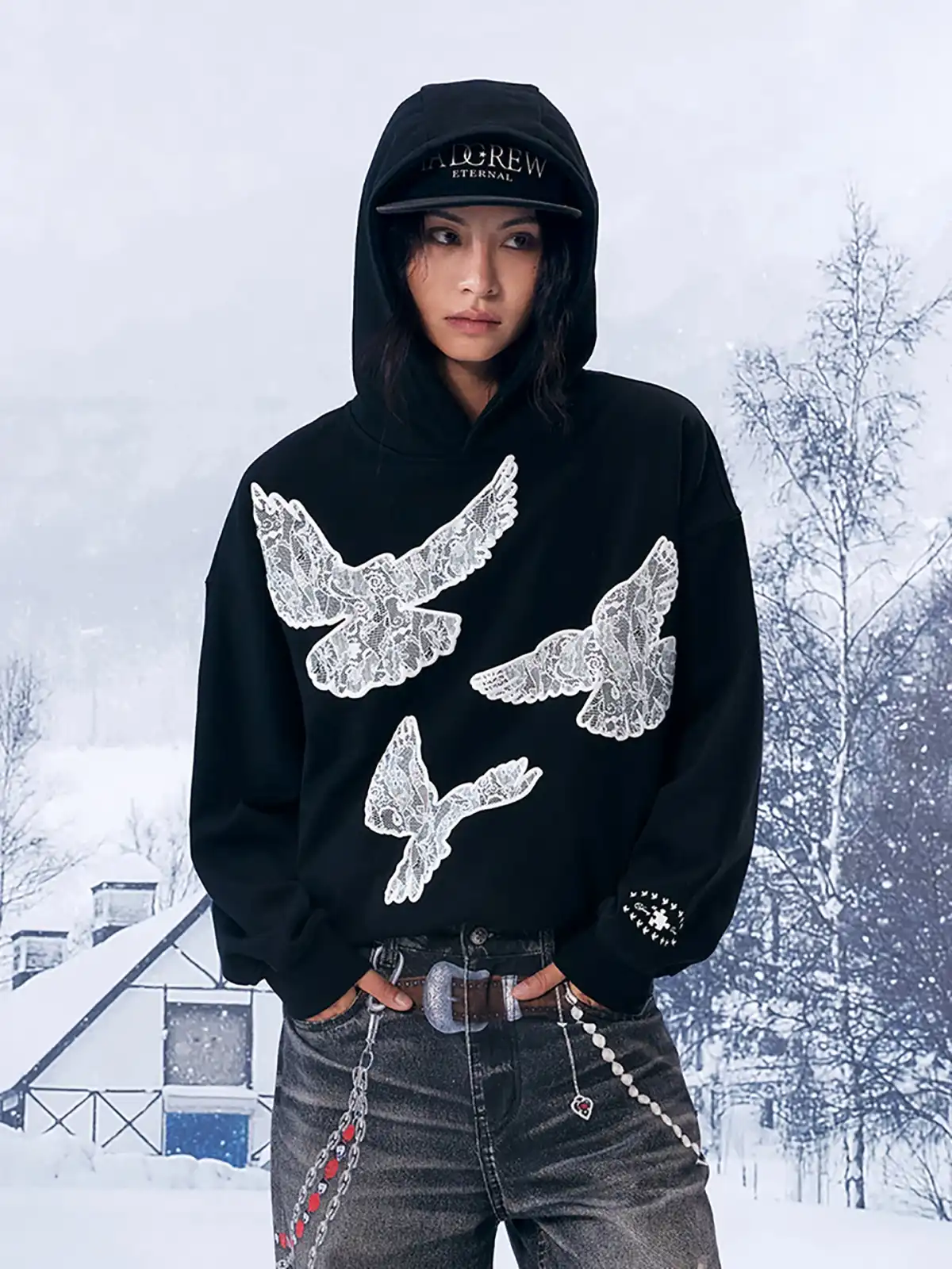 YADcrew | Black Printed Lace Foam Peace Dove Hoodies