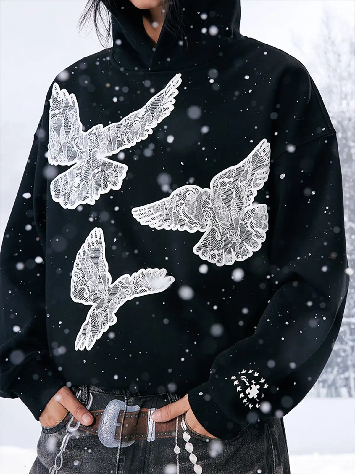 YADcrew | Black Printed Lace Foam Peace Dove Hoodies