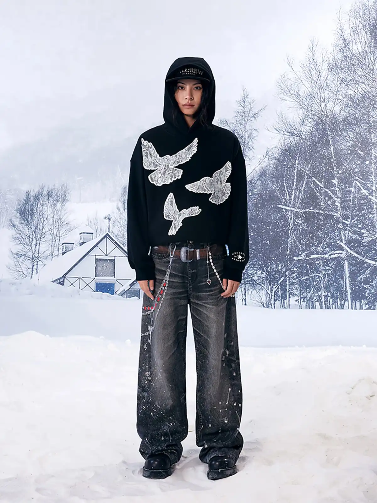 YADcrew | Black Printed Lace Foam Peace Dove Hoodies