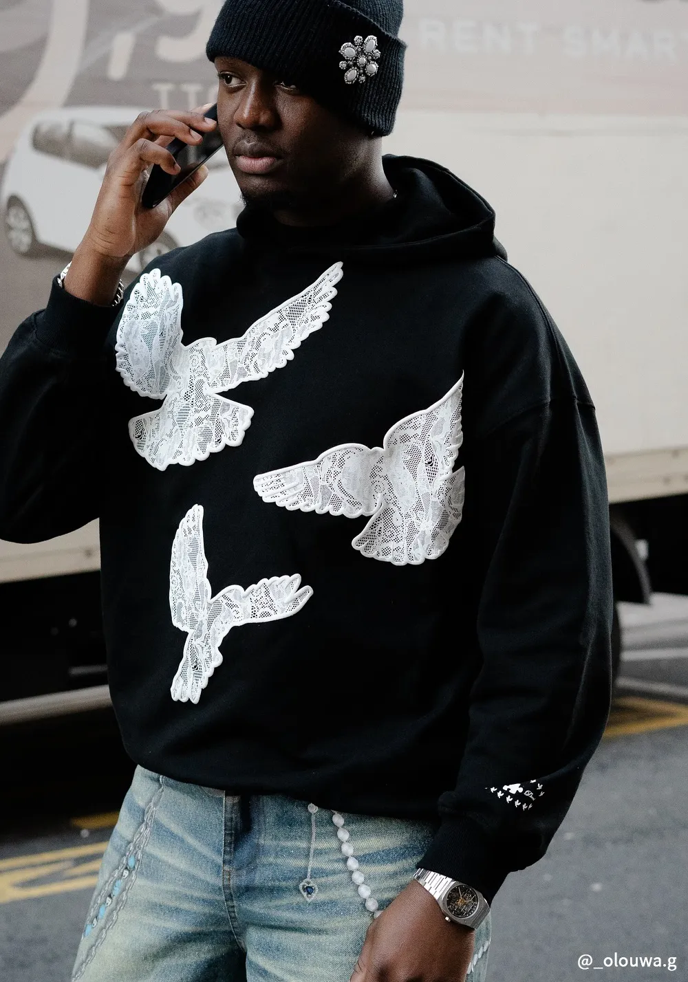 YADcrew | Black Printed Lace Foam Peace Dove Hoodies