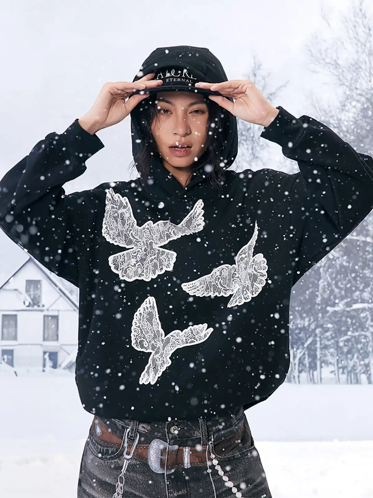 YADcrew | Black Printed Lace Foam Peace Dove Hoodies
