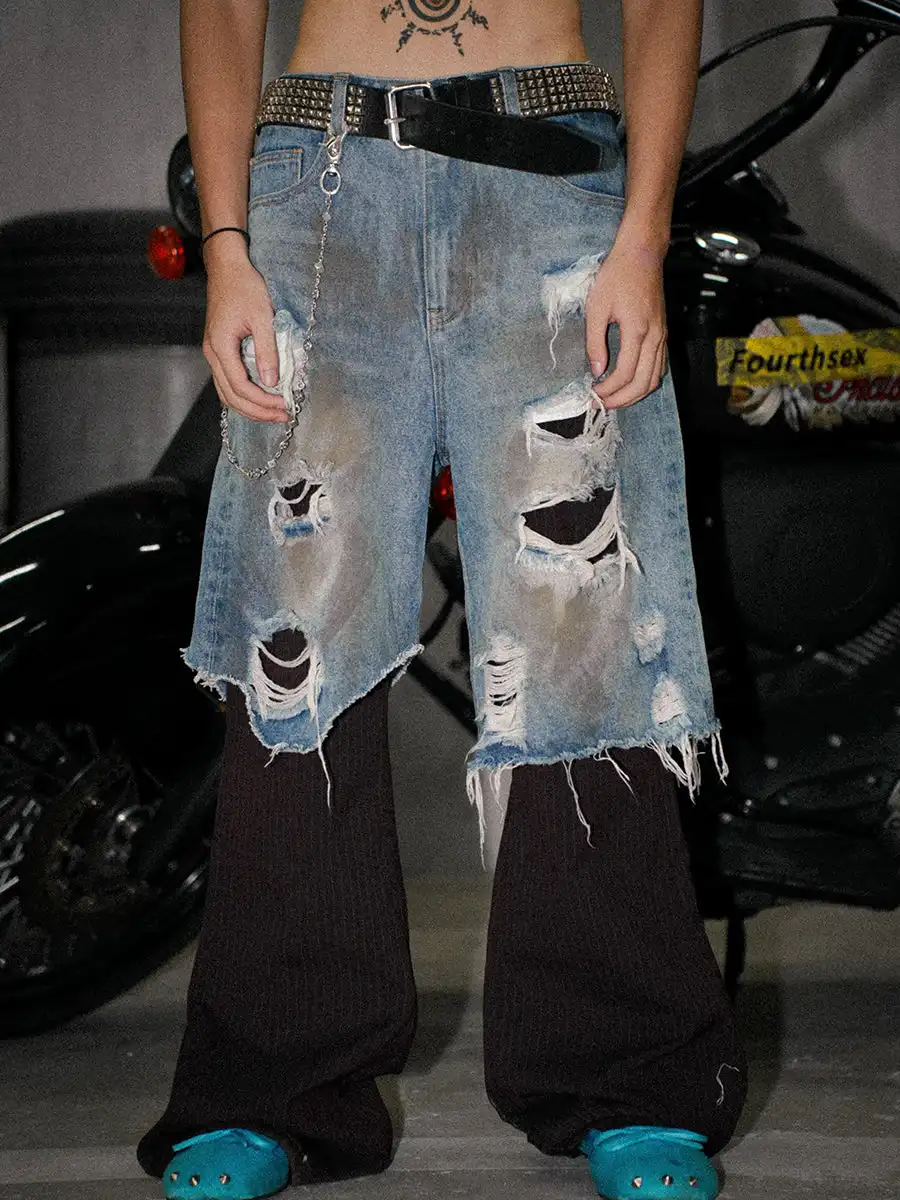Mud-Dyed Patchwork Distressed Pants