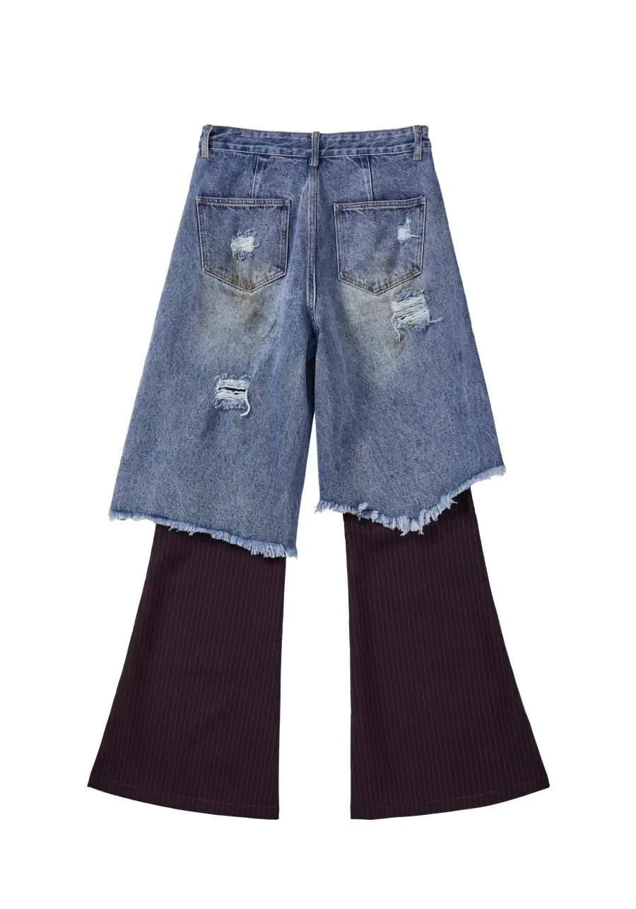 Mud-Dyed Patchwork Distressed Pants - 2